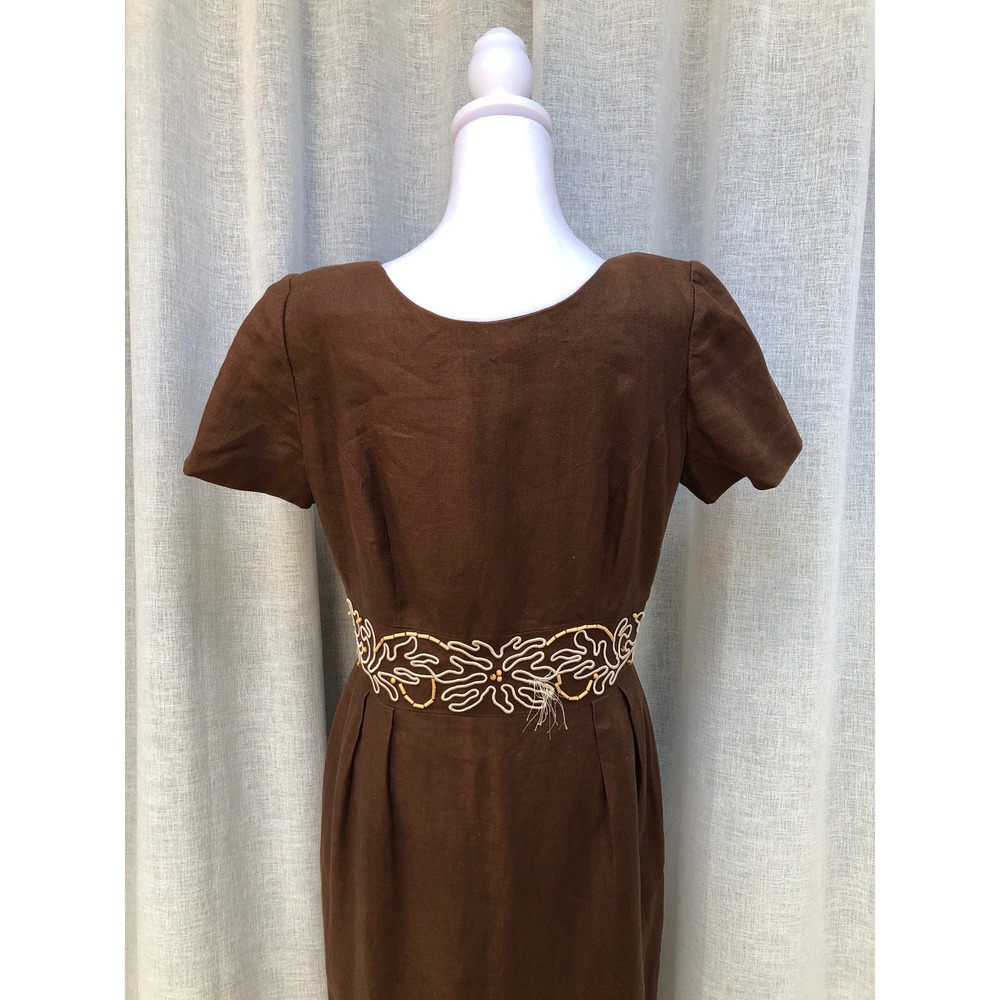 Donna Morgan chocolate brown short sleeve linen dress beaded waist embroidery - Picture 5 of 10